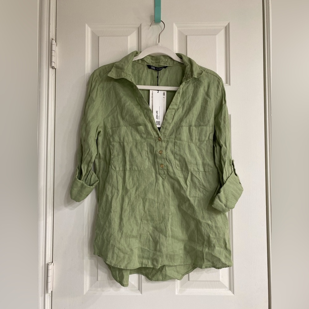NWT Zara Green Linen Button Up Shirt